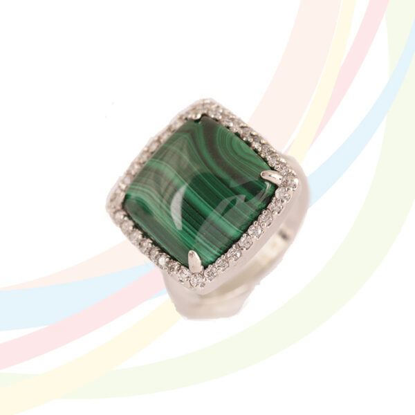 Marina Rhodium Plated Malachite and Cubic Zirconia Ring
